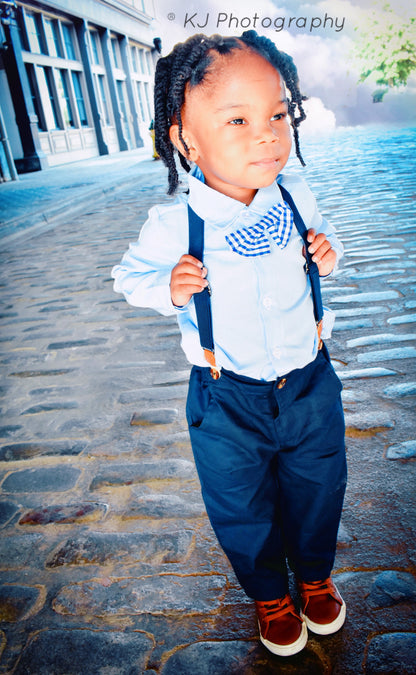 2 piece boy toddler set with suspenders blue