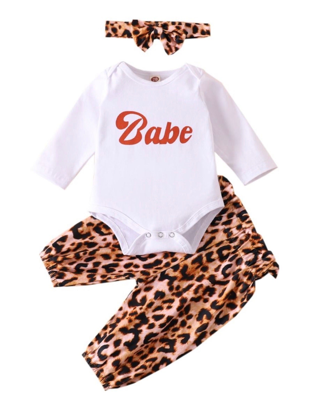 3 piece baby girl body suit leopard pant set with head band