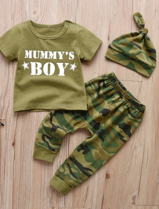 3 piece mummys camouflage hat & t shirt pants set