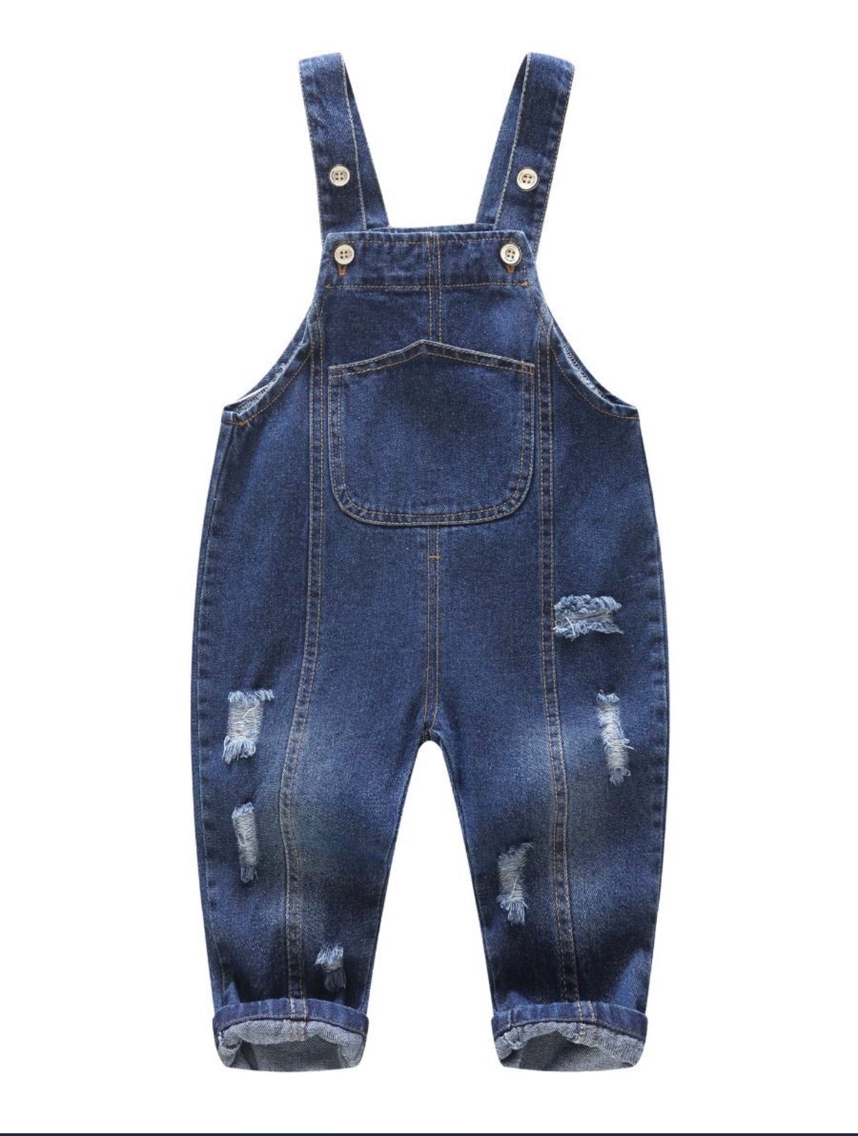 Denim ripped suspender pants