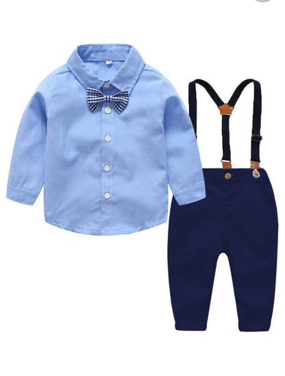 2 piece boy toddler set with suspenders blue