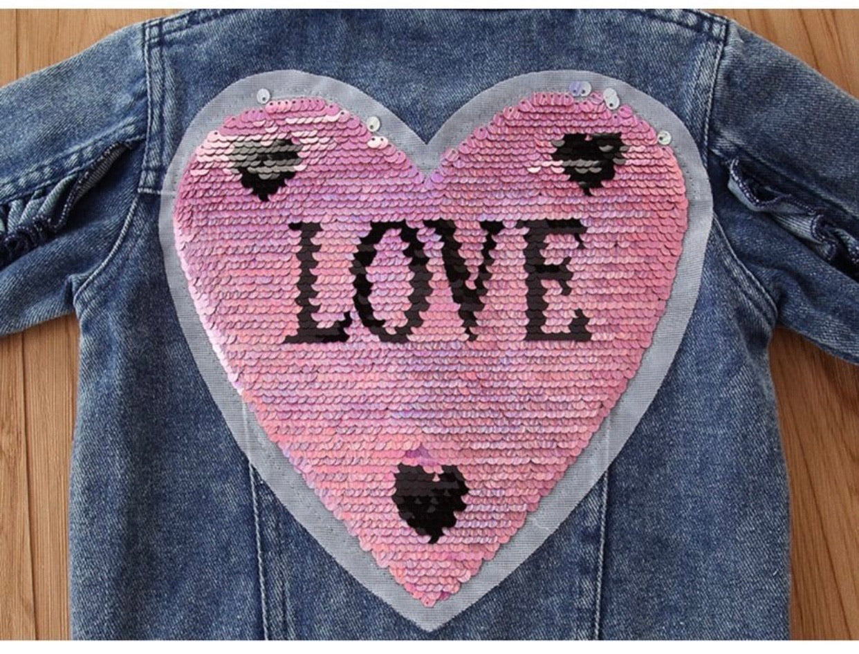 Girl Jean Love heart sequins Denim jacket